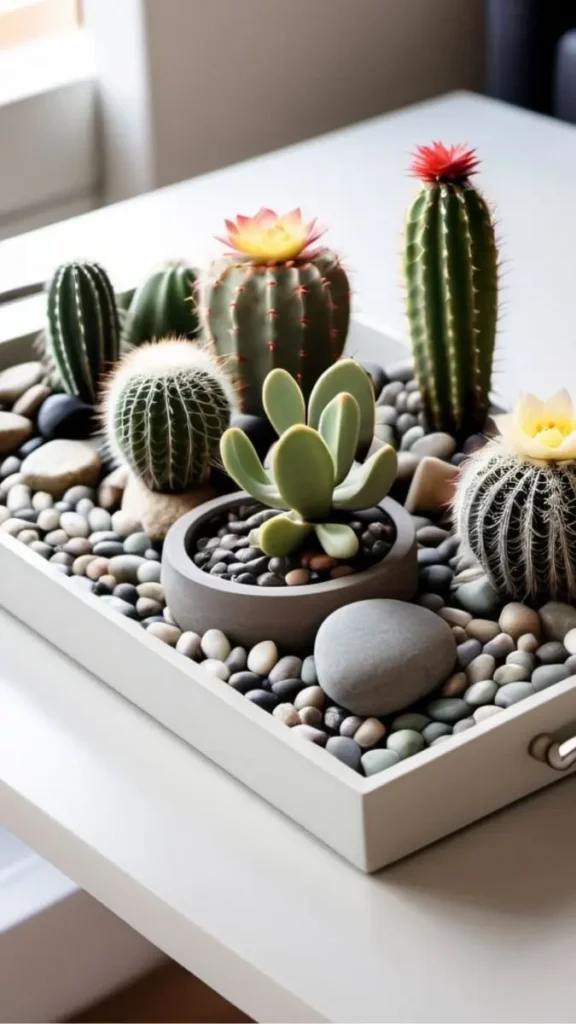 centro de mesa de cactus y piedras